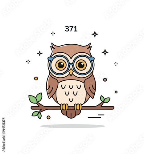 Tiny spectacled owl cute little owl wearing glasses perched on a branch with curious eyes and tiny decorative sparkles enhancing the whimsical scene.