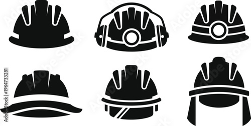 Collection of construction safety hard hat icons.  Industrial PPE (Personal Protective Equipment) for head protection. Standard hard hats, ear protection helmet, brimmed hats, mounted light helmets. 
