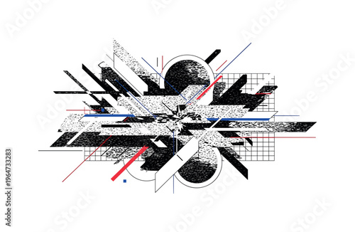 analog signal disruption visualized as fragmented noise field, black and white static texture cut-out with white outline, sharp geometric shapes like