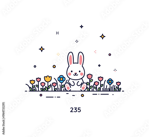 Mini flower field bunny adorable tiny bunny sitting in a field of vibrant flowers with subtle decorative sparkles and tiny accents enhancing the whimsical