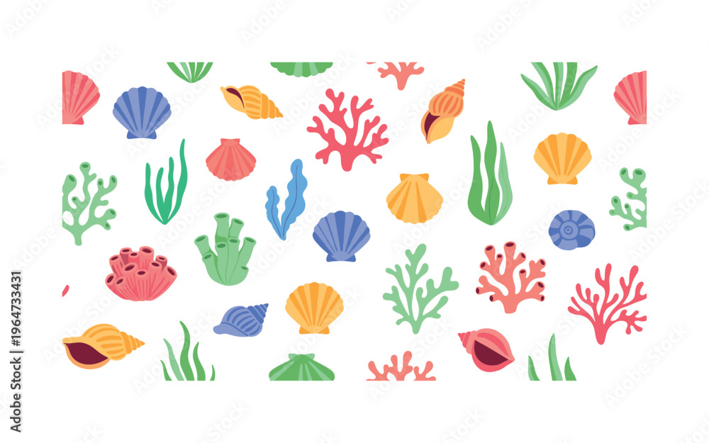 Obraz premium shells and corals seamless pattern, repeating pattern, surface design, textile print, soft color palette, modern illustration, flat vector ocean shells with