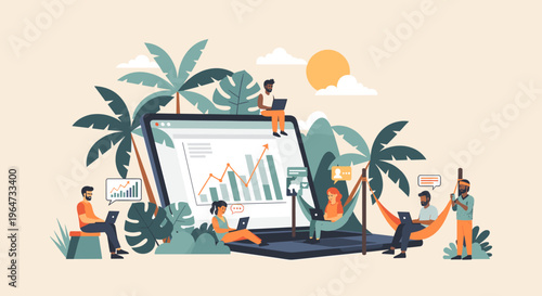 A man sits serenely on a geometric shape surrounded by plants, conveying relaxation and calmness in a modern illustration.