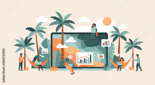 A man in a casual outfit spraying a palm tree with a long pole, conveying a sense of maintenance and care in a tropical setting.