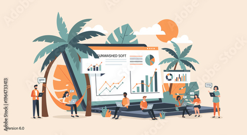 A man wearing an orange jacket and blue pants uses a laptop while standing outside, looking engaged and focused.