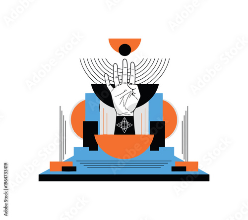 occult hand ritual gesture with geometric semicircles lines and abstract blocks, black and white hand performing symbolic ritual gesture above altar objects