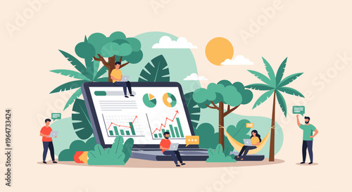 A man in casual clothes stands with a laptop and a speech bubble, conveying a sense of modern communication and technology in a minimalist style.