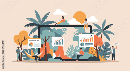 A man works on his laptop while standing outdoors under a tree, conveying a sense of productivity and connection with nature.