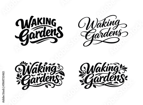Lettering Garden Harmony. Waking Gardens. Set lettering. 4 harmonious lettering variations of the same