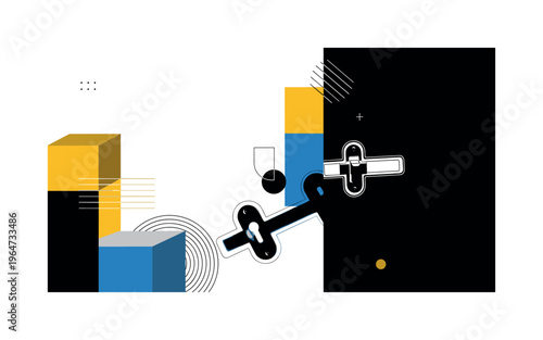 door bolt shadow composition with abstract geometric blocks circles and lines, black and white door bolt casting dramatic shadow shapes with white outline