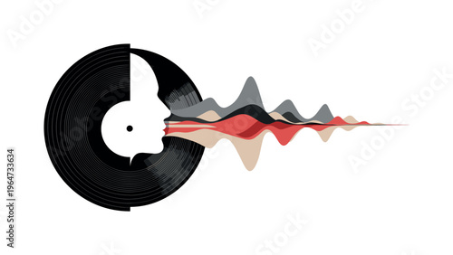 vinyl record with listener silhouette and abstract audio waves, black and white disc combined with minimal human profile cut-out, concentric rings