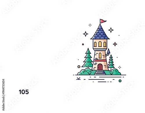 Little forest wizard tower cute tiny tower with a pointed roof and glowing windows tucked in a small forest clearing with soft sparkles enhancing the magical