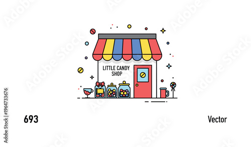 Little candy shop cute tiny storefront with a striped awning, jars of sweets, and tiny decorative sparkles enhancing the whimsical playful scene. Minimalist