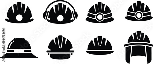 Collection of construction safety hard hat icons.  Industrial PPE (Personal Protective Equipment) for head protection. Standard hard hats, ear protection helmet, brimmed hats, mounted light helmets. 