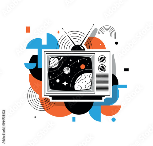 vintage television cosmic scene with geometric circles semicircles and abstract blocks, black and white retro TV floating in outer space with white cut-out