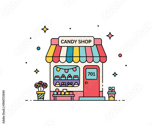 Playful little candy shop charming tiny storefront with a colorful display of sweets, a striped awning, and subtle decorative sparkles creating a whimsical