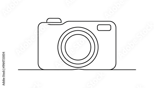 "Photography Icon". Minimalistic one-line drawing compact camera shape with smooth rectangular body and lens