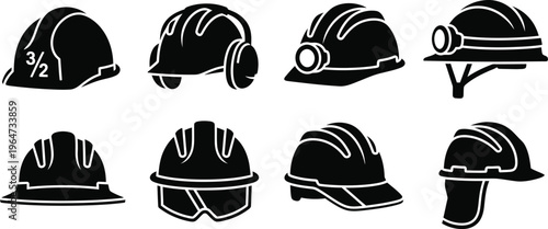 Collection of construction safety hard hat icons.  Industrial PPE (Personal Protective Equipment) for head protection. Standard hard hats, ear protection helmet, brimmed hats, mounted light helmets. 