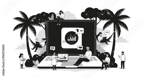 A woman in a lab coat working on her laptop in a calm outdoor setting.