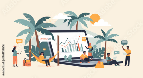 A woman stands with a laptop, looking at a gift, symbolizing a thoughtful moment of online shopping or digital surprise.