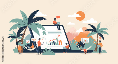 A woman works on her laptop while standing under a palm tree, evoking a sense of freedom and relaxation.