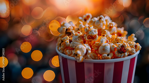 Close-up of buttery popcorn overflowing striped cup with large orange bokeh cinema background