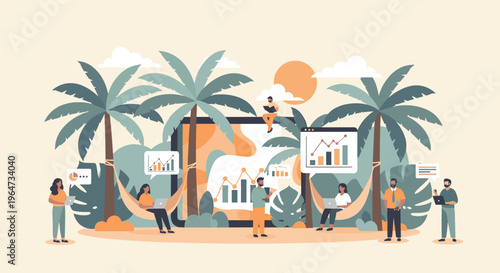 A woman standing with a laptop, analyzing data and statistics in a modern setting.