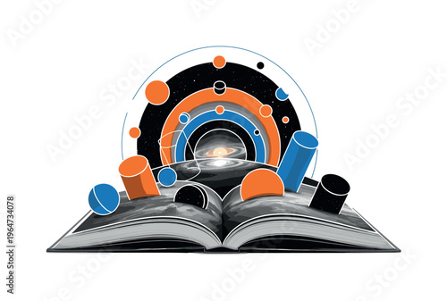 surreal book galaxy dreamscape with layered circles cylinders and geometric shapes, black and white open book forming cosmic galaxy landscape with collage