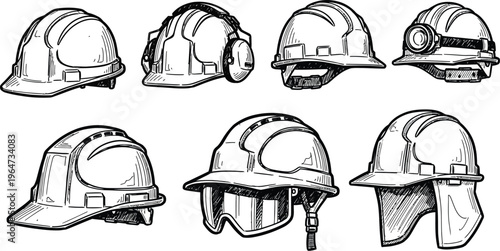 Collection of construction safety hard hat icons.  Industrial PPE (Personal Protective Equipment) for head protection. Standard hard hats, ear protection helmet, brimmed hats, mounted light helmets. 