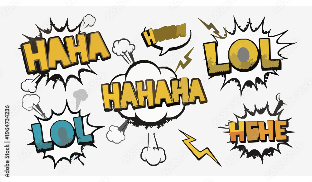 Fototapeta premium Retro comic haha sound effect speech bubbles vector with bold laughing typography and pop art style