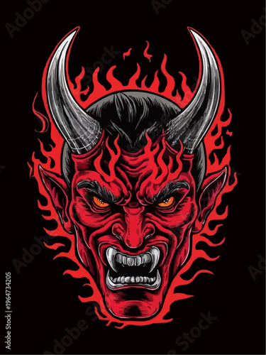 Minimalist red demon head vector with horns and flames isolated on a flat black background