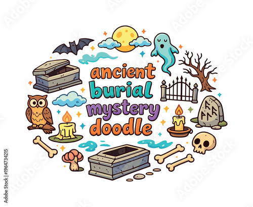 ancient burial mystery doodle. Hand drawn illustration of ancient burial mystery doodle. stone sarcophagus,