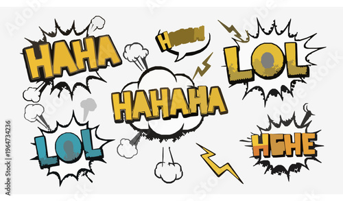 Retro comic haha sound effect speech bubbles vector with bold laughing typography and pop art style