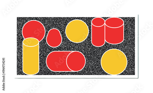 abstract composition of static noise and modern shapes, black and white grain texture layered with bold red and yellow geometric forms, circles and cylinders