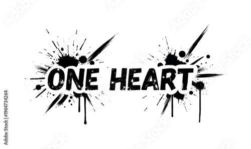 One Heart. lettering and all elements in black. Vector style. AWhite background. Pure white background. Perfect isolation and visual consistency. Grunge