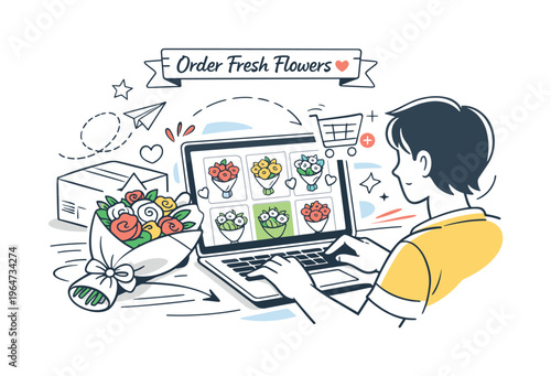 Virtual Floral Shopping. Online Flower Shop. A person browsing bouquets on a laptop screen, colorful flower