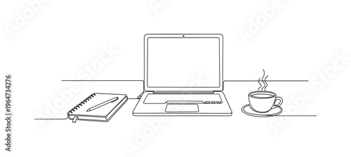 Creative Remote Work Scene. Minimalistic one-line drawing desk with open laptop, notebook and steaming coffee in balanced layout, continuous single black line