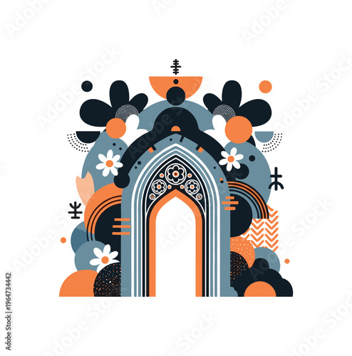 gothic garden archway entrance with geometric circles semicircles and symbolic shapes, black and white victorian gothic garden arch surrounded by flowers with