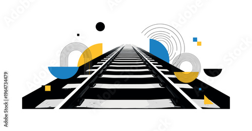 train tracks vanishing perspective with abstract semicircles circles and graphic blocks, black and white railway tracks stretching into foggy night distance