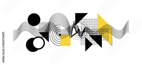 radio signal waves transforming into abstract geometric forms, black and white wave lines morphing into circles, rectangles, and structured grids, limited
