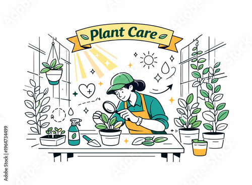 Modern Greenhouse Scene. A clean interior view with tall glass frames, climbing plants along the walls, and a