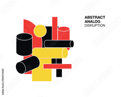 abstract analog disruption with balanced geometric shapes, black and white grain texture layered with bold red and yellow forms, circles, cylinders, and
