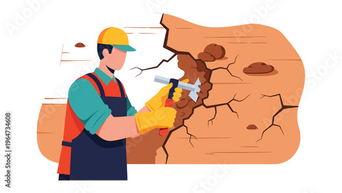 Construction Worker with Hammer: A skilled construction worker meticulously uses a hammer to break apart a wall, showcasing expertise and focused precision.