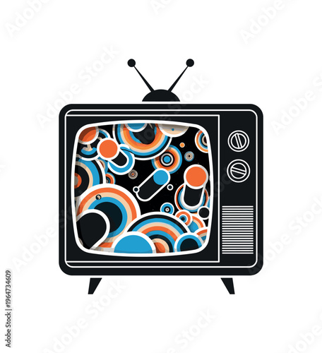 cosmic retro television portal with layered circles cylinders and geometric shapes, black and white vintage television acting as portal into space universe