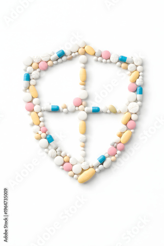 Pill Shield: A meticulously arranged shield crafted from a diverse collection of pills, symbolizing health, protection, and the pharmaceutical realm. 