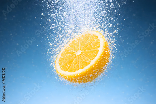 Lemon Submerged: A vibrant, freshly sliced lemon suspended in water, surrounded by effervescent bubbles, showcasing its juicy freshness.