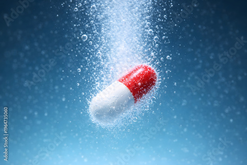 Medicine Dissolving: A close-up shot captures the intriguing moment a vibrant medicine dissolves in water, the swirling particles hinting at the power and purpose.