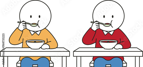 Two cartoon characters eating soup at school desks