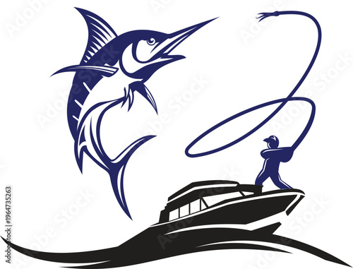 Marlin fishing boat logo dynamic ocean sport illustration vector