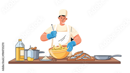 Culinary Maestro at Work: A skilled chef meticulously prepares a delectable dish, blending ingredients with precision, in the heart of a vibrant kitchen setting.