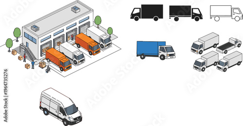Logistics Warehouse and Delivery Truck Collection Featuring Distribution Center, Cargo Vans and Transport Vehicles Isometric Vector Illustration Set